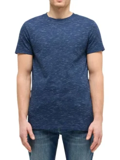 T-shirt en coton bleu à motifs mouchetés avec une coupe droite et un col rond