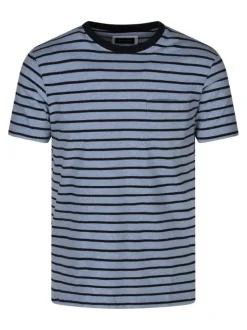 T-shirt en coton bleu à rayures pourvu d'une poche plaquée sur la poitrine