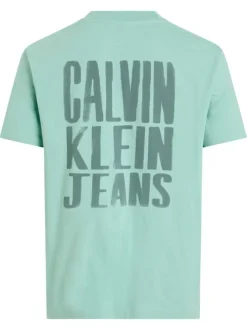 T-shirt en coton bleu turquoise à col rond avec un gros imprimé au dos