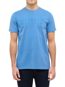 T-shirt en coton bleu uni avec le nom de la marque à la poitrine et à col rond