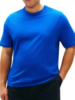 T-shirt en coton bleu uni avec une coupe droite et un col rond