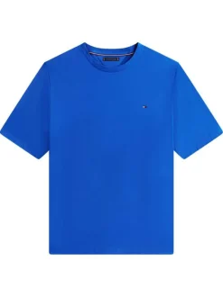T-shirt en coton bleu uni avec une coupe droite et un col rond