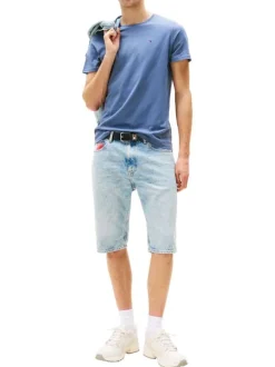 T-shirt en coton bleu uni avec une coupe droite et un col rond