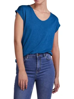 T-shirt en coton bleu uni avec une coupe droite, un col v et des fils métallisés