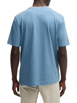 T-shirt en coton bleu uni à col rond avec le nom de la marque imprimé en petit