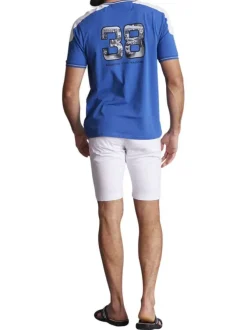 T-shirt en coton bleu uni à col rond avec un numéro imprimé au dos