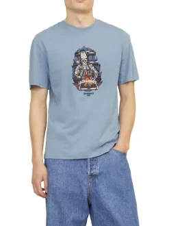 T-shirt en coton bleu uni coupe droite avec imprimé tête de mort qui cuisine