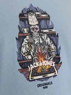 T-shirt en coton bleu uni coupe droite avec imprimé tête de mort qui cuisine