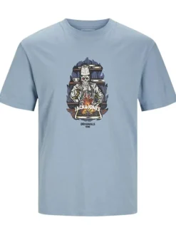 T-shirt en coton bleu uni coupe droite avec imprimé tête de mort qui cuisine