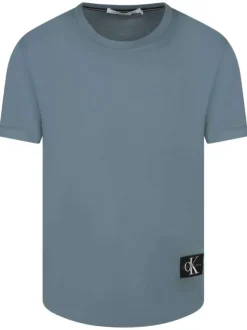 T-shirt en coton bleu uni à coupe droite et à col rond côtelé