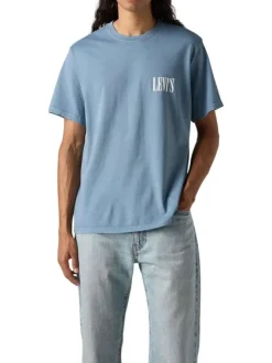 T-shirt en coton bleu uni à coupe oversize avec le nom de la marque imprimé