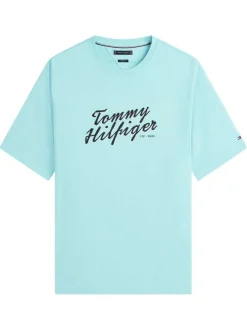 T-shirt en coton bleu uni pourvu d'un col rond et de manches courtes