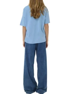 T-shirt en coton bleu uni pourvu d'une coupe droite et d'un col rond