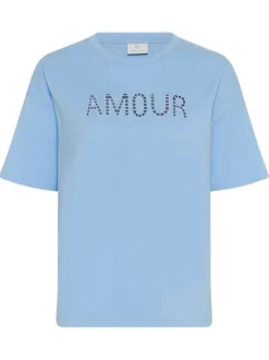 T-shirt en coton bleu uni pourvu d'une coupe droite et d'un col rond