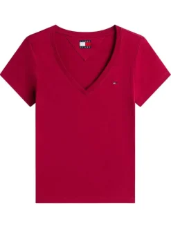 T-shirt en coton bordeaux uni avec une coupe ajustée et un col v