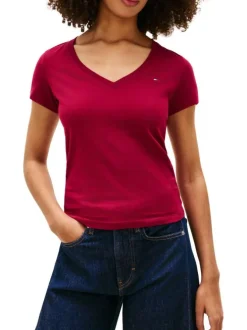 T-shirt en coton bordeaux uni avec une coupe ajustée et un col v