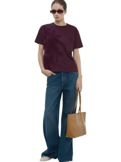 T-shirt en coton bordeaux uni pourvu de manches courtes et d'un col rond