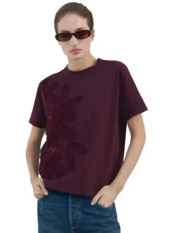T-shirt en coton bordeaux uni pourvu de manches courtes et d'un col rond