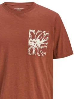T-shirt en coton brique à imprimé floral blanc avec coupe regular et col rond