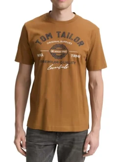 T-shirt en coton camel avec un imprimé fantaisie et un col rond