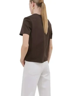 T-shirt en coton chocolat uni pourvu d'un col rond et d'une coupe droite