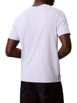 T-shirt en coton ciel à coupe droite pourvu d'un col rond en maille piquée
