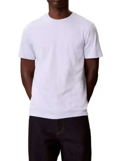 T-shirt en coton ciel à coupe droite pourvu d'un col rond en maille piquée