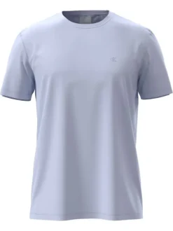 T-shirt en coton ciel à coupe droite pourvu d'un col rond en maille piquée