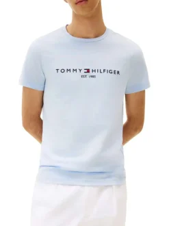 T-shirt en coton ciel à coupe droite pourvu d'un col rond finement côtelé