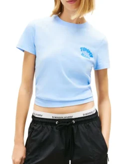 T-shirt en coton ciel uni avec une coupe droite et un col rond