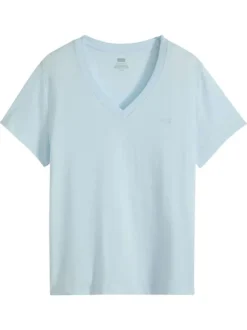 T-shirt en coton ciel uni à coupe ajustée pourvu d'un col v côtelé