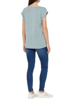 T-shirt en coton ciel uni droit avec un col v arrondi et en lurex doré