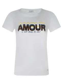 T-shirt en coton écru avec textes multicolores à coupe droite et à col rond