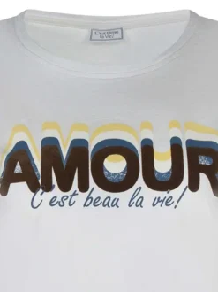 T-shirt en coton écru avec textes multicolores à coupe droite et à col rond