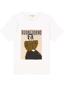 T-shirt en coton écru avec un imprimé fantaisie et un col rond