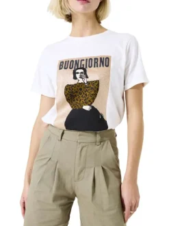 T-shirt en coton écru avec un imprimé fantaisie et un col rond