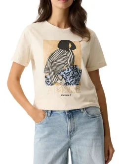 T-shirt en coton écru avec un personnage imprimé et une coupe droite