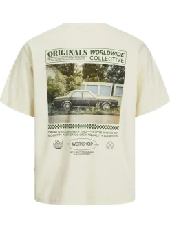 T-shirt en coton écru à coupe ample avec col rond et voiture imprimée au dos