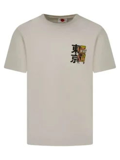 T-shirt en coton écru à coupe droite pourvu d'un col rond côtelé