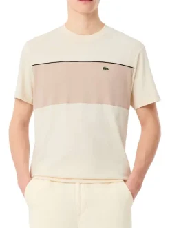 T-shirt en coton écru à coupe droite pourvu d'un col rond côtelé