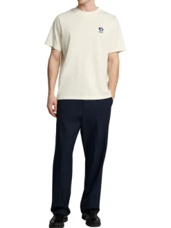 T-shirt en coton écru à coupe regular fit avec col rond et logo bleu marine