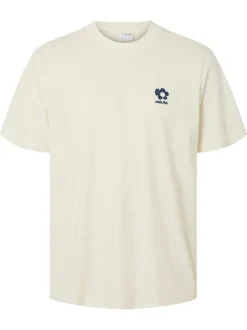 T-shirt en coton écru à coupe regular fit avec col rond et logo bleu marine