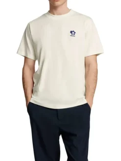 T-shirt en coton écru à coupe regular fit avec col rond et logo bleu marine