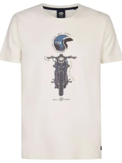 T-shirt en coton écru droit à col rond avec dessin de moto à l'avant