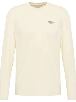 T-shirt en coton écru droit à col rond et manches longues et marque