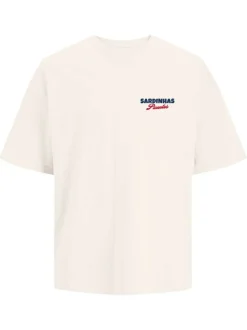 T-shirt en coton écru imprimé avec un col rond et une coupe droite