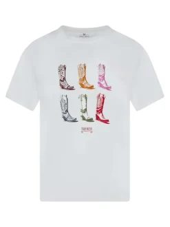 T-shirt en coton écru imprimé avec une coupe droite et un col rond