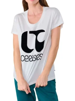 T-shirt en coton écru imprimé avec une coupe droite et un col rond