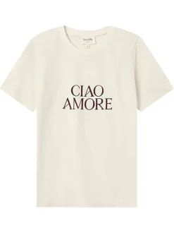 T-shirt en coton écru imprimé avec une coupe droite et un col rond