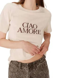 T-shirt en coton écru imprimé avec une coupe droite et un col rond